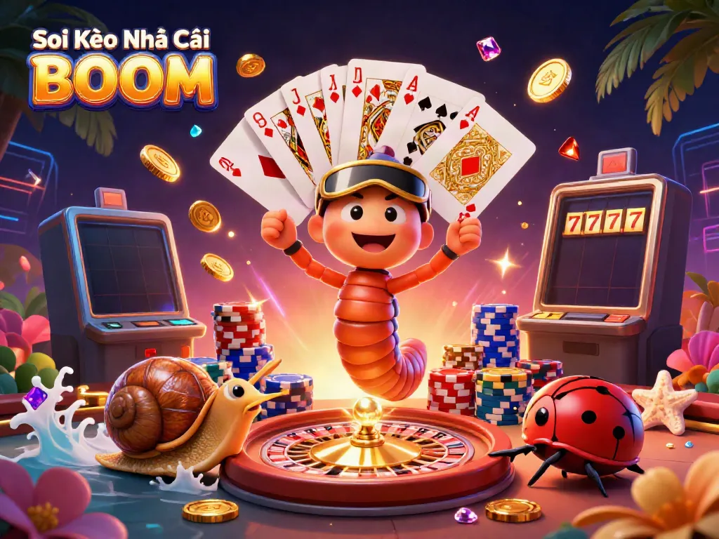Engage in thrilling bets with Soi Kèo Nhà Cái BOOM as a cartoon dealer showcases dynamic card games.