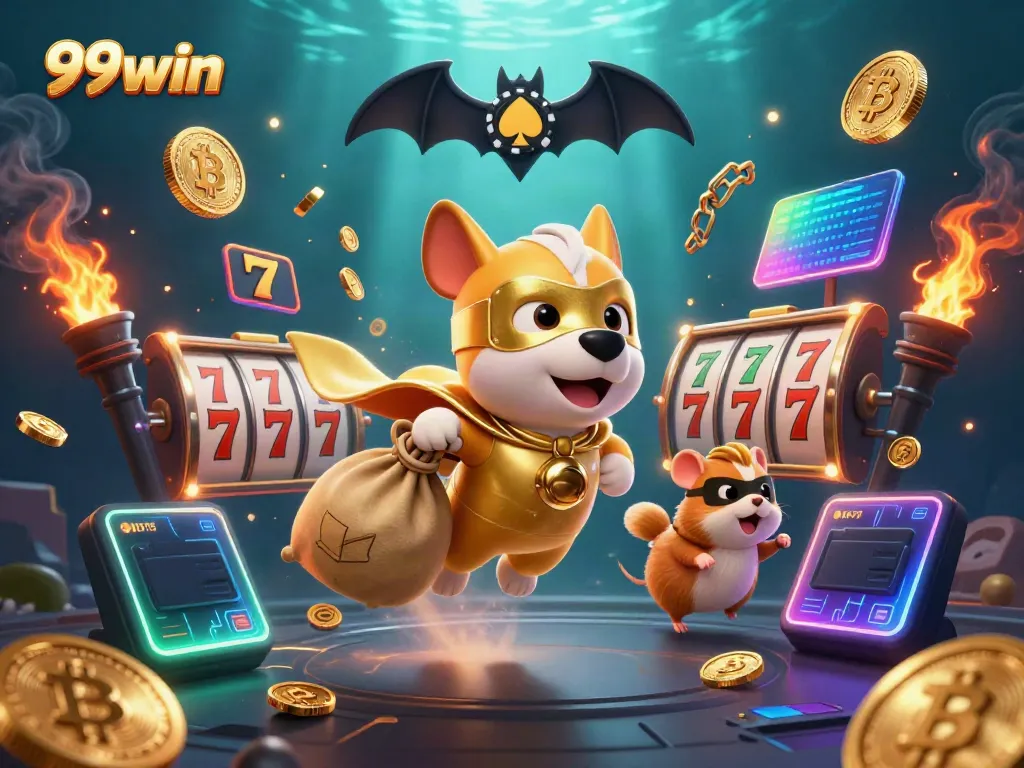 Experience gaming thrills with 99win as the superhero dog brings gold coins amidst exciting slots and casino elements.