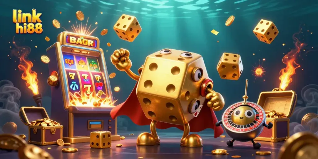 Spin to win with link hi88 and a dazzling 3D casino scene featuring golden dice and slot machines.