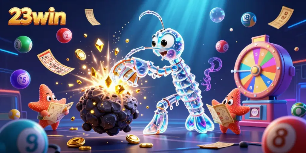 Experience exciting wins at 23win, featuring vibrant illustrations of casino games and activities.