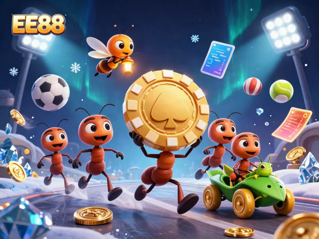 EE88 showcases a thrilling 3D scene of a cartoon team of ants stealing a giant poker chip amidst gambling elements.