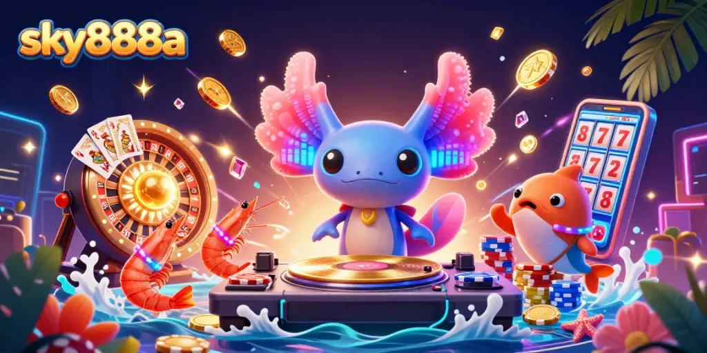 Experience the excitement of sky888a with vibrant casino-themed characters and dynamic gaming elements.