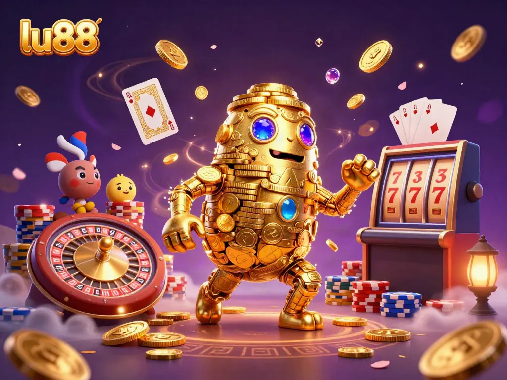 Experience the thrill of games at lu88 with a captivating scene of a golden golem surrounded by dynamic casino elements.