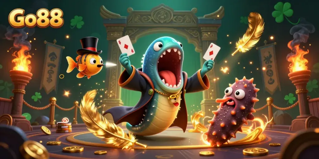 Go88 showcases magical card tricks by a bioluminescent eel and friends in a vibrant casino scene.