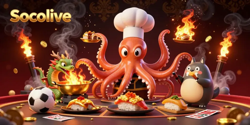 Socolive enhances your sports betting experience with vibrant visuals of a sushi chef octopus and dragon in a dynamic scene.