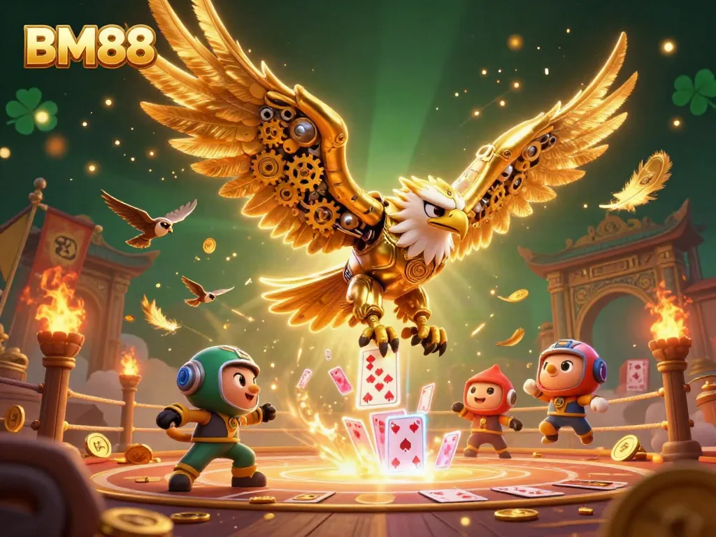 Experience the thrill of BM88 with cybernetic eagles amidst a vibrant casino-themed illustration.