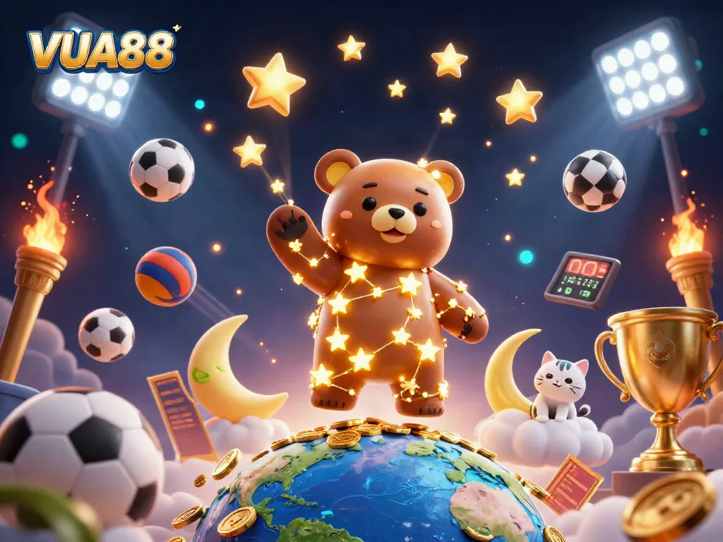 VUA88 creates winning opportunities with a cosmic casino adventure featuring starry characters and sports elements.