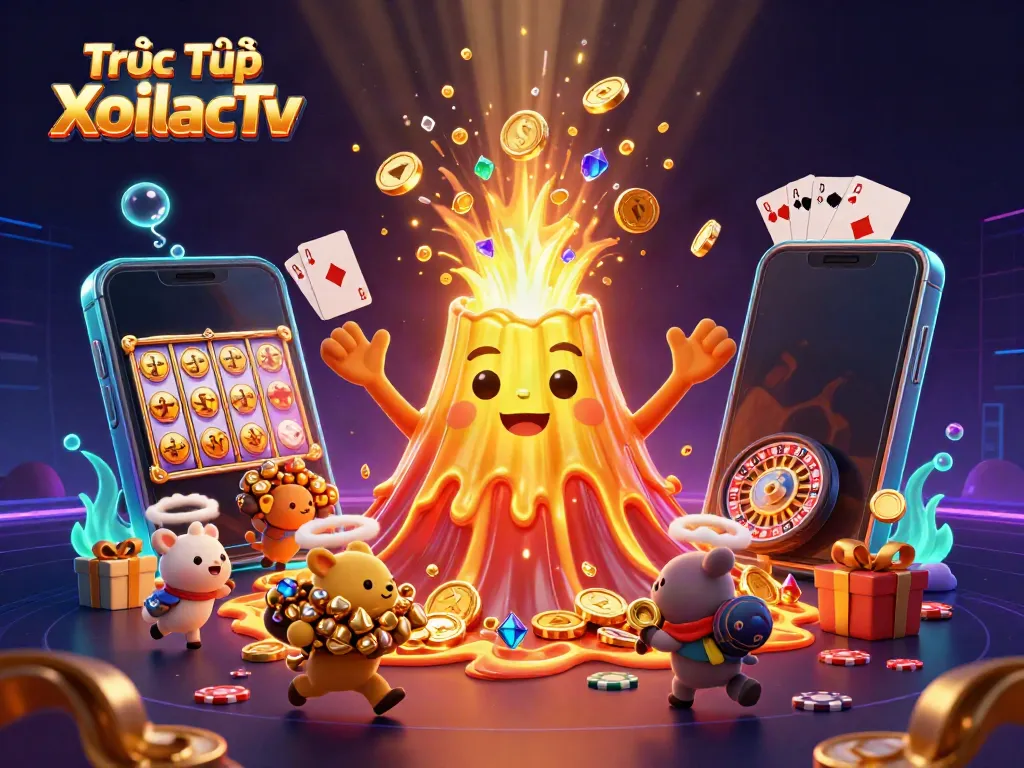 Play thrilling games with Trực Tiếp XoilacTv featuring a cartoon golden volcano and treasure.