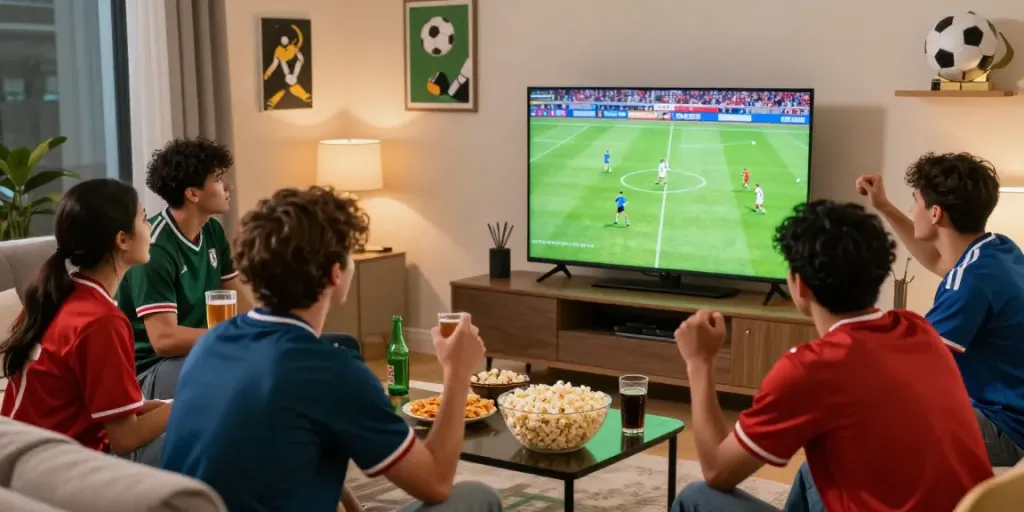 Friends enjoying a live football match on GavangTV with snacks and jerseys.