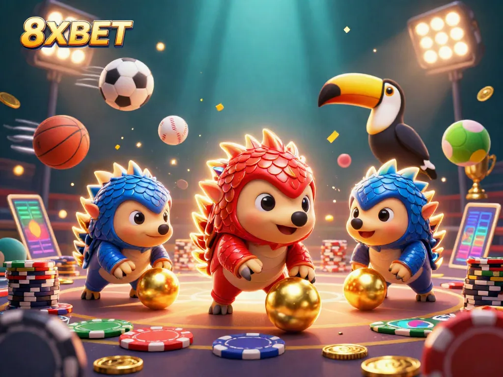 Experience the excitement of 8XBET with playful pangolins bowling through poker chips in a vibrant casino scene.