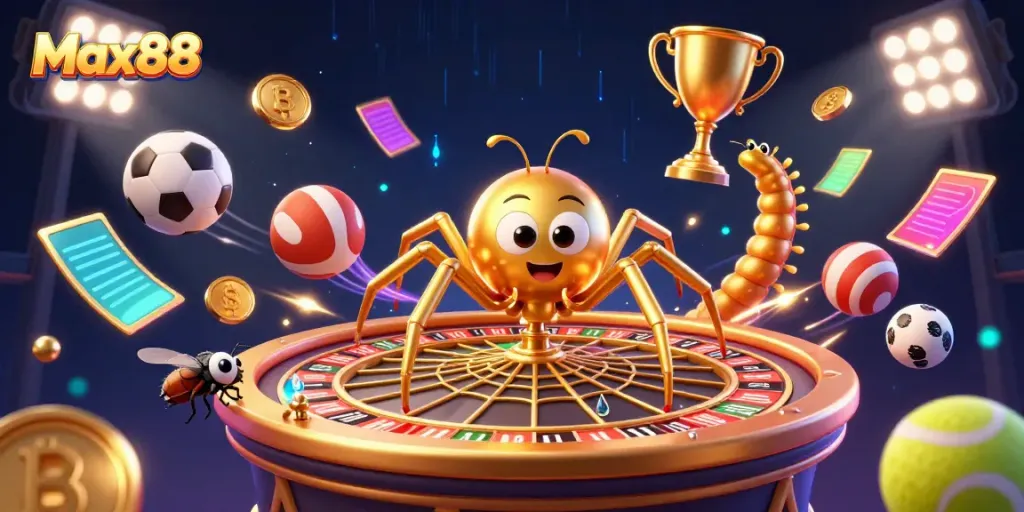 Experience thrilling betting at Max88 with an engaging spider-themed casino illustration filled with sports elements.