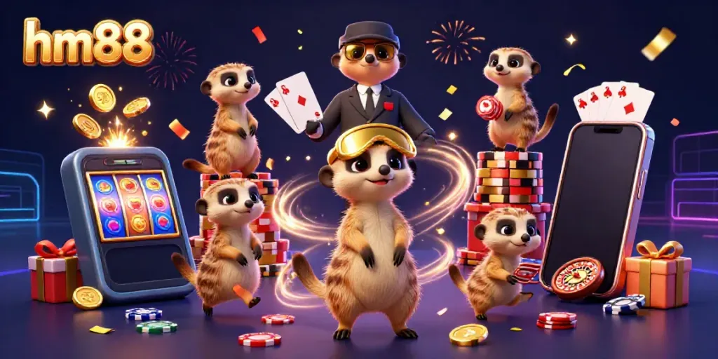 Win big with hm88 at an exciting casino scene featuring playful meerkats managing games and chips.
