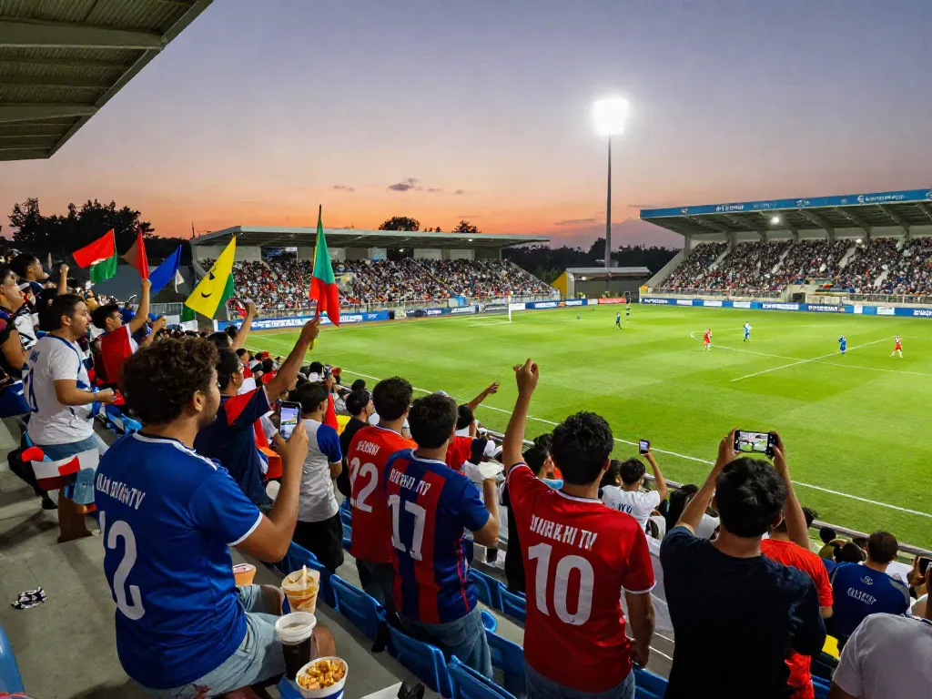 Fans enjoying a live football match at CakhiaTV, vibrant atmosphere and team spirit.