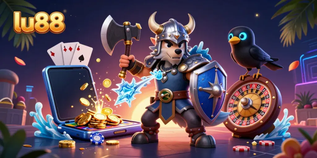 Engage with thrilling gameplay at lu88, featuring a Viking wolf hero, dragon, and dynamic gaming elements.