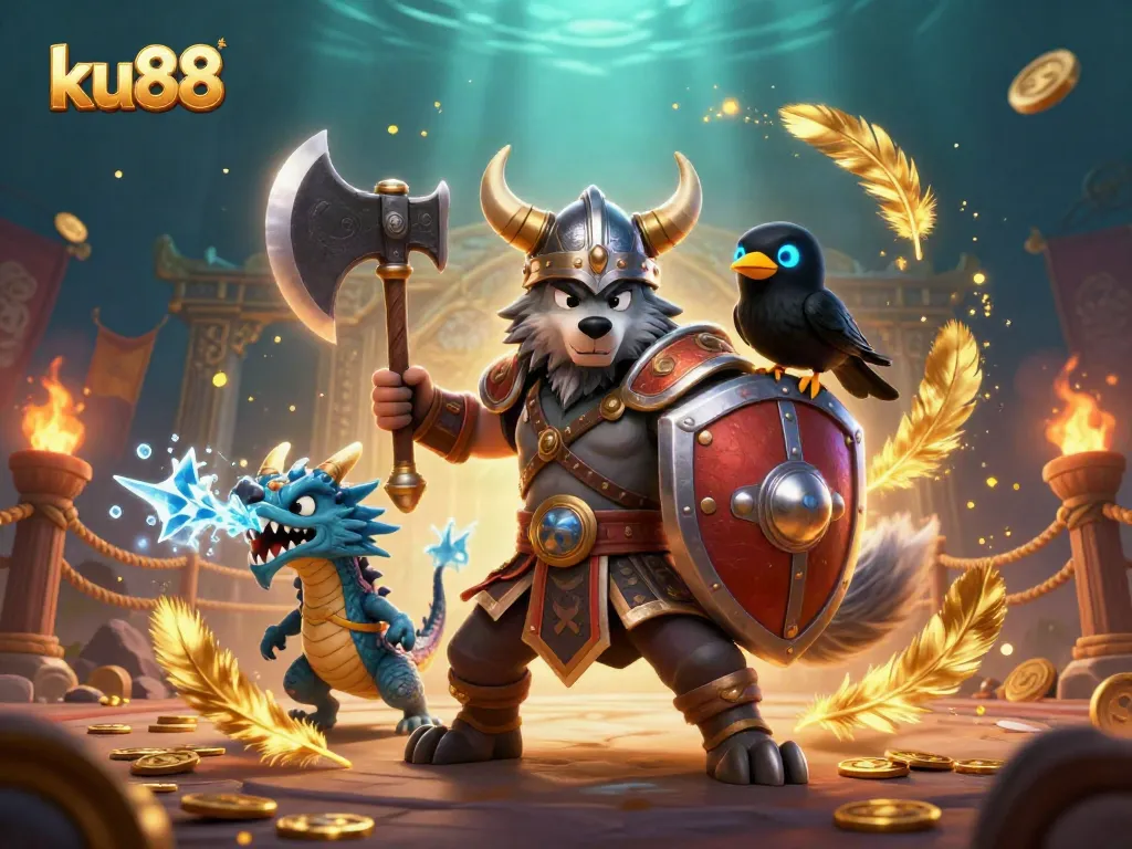 Engage with ku88's thrilling gaming adventure featuring a Viking wolf warrior, dragon, and raven in a dynamic casino scene.
