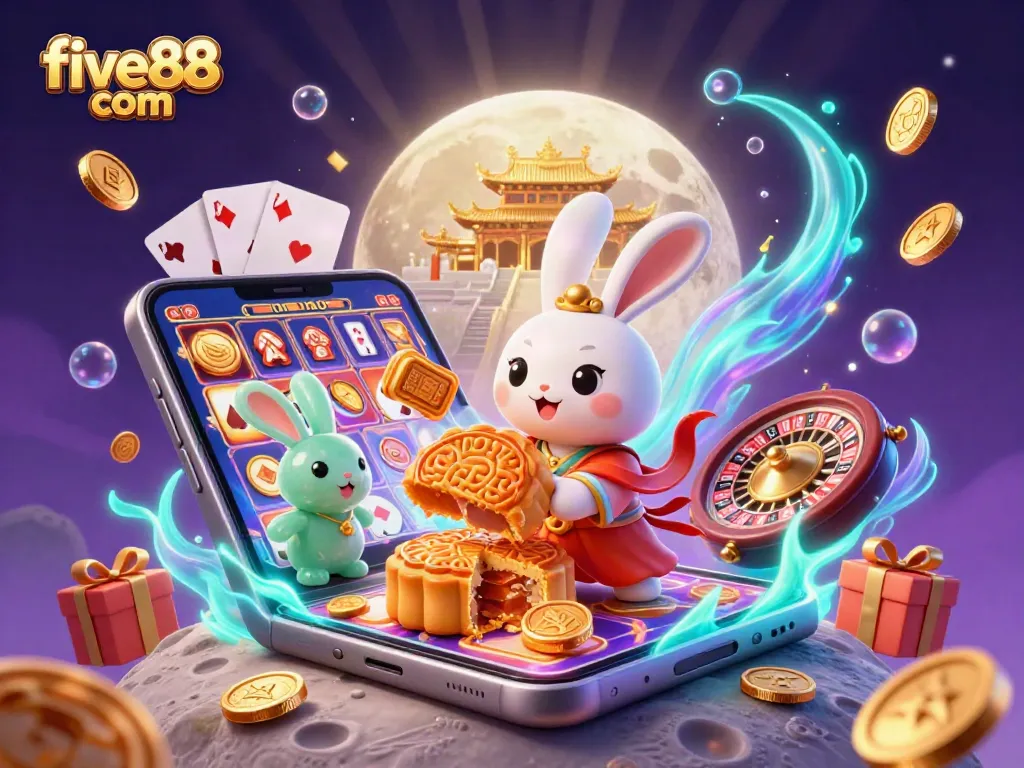 Win big with exciting games at five88 com, illustrated with a vibrant 3D scene featuring a moon rabbit, slot games, and poker action.
