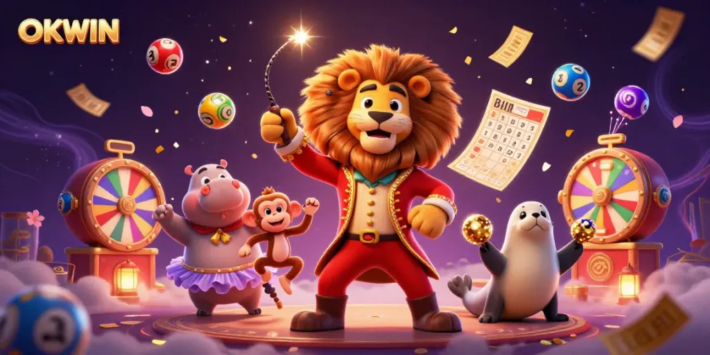 Engage in exciting games with OKWIN, featuring a vibrant circus scene of playful characters and lottery elements.