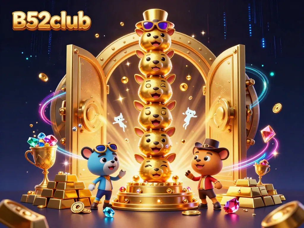 Experience the vibrant action of B52club with golden treasures and animated character artistry.