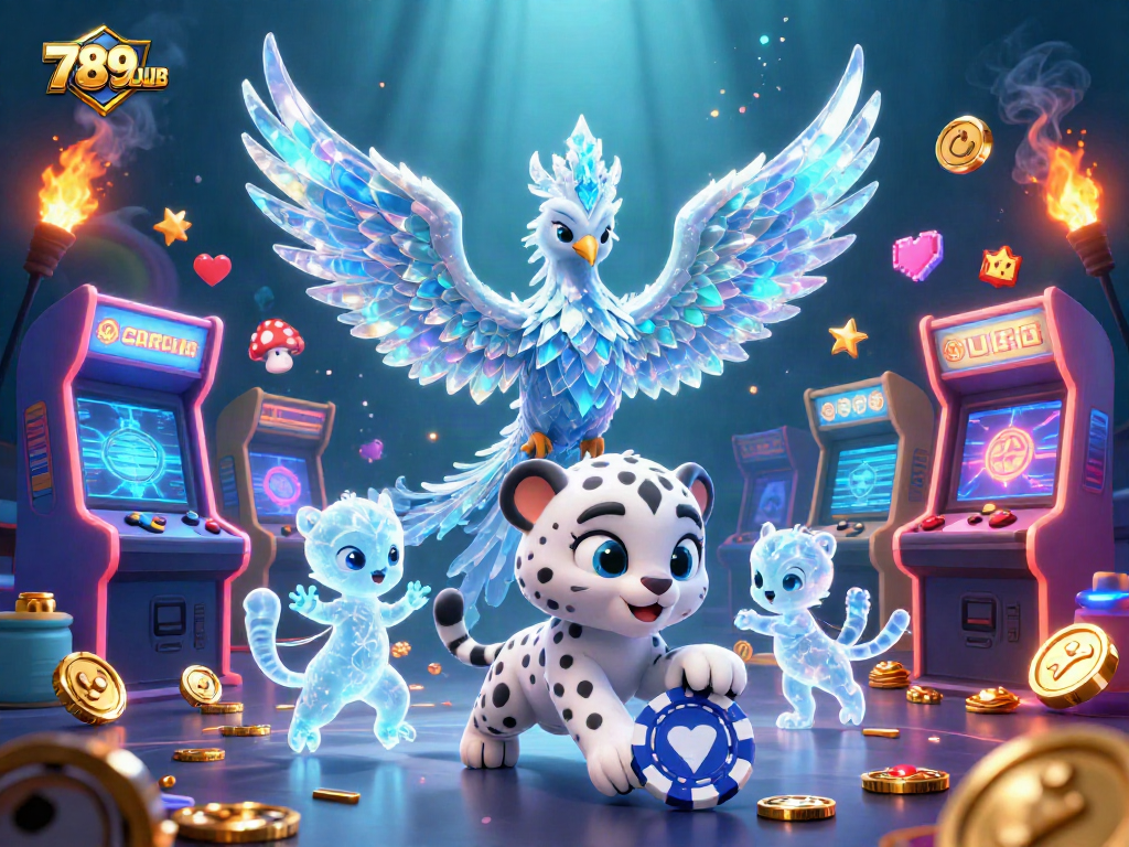 Engage in thrilling games at 789CLUB with vibrant visuals of a phoenix, snow leopard, and arcade elements.