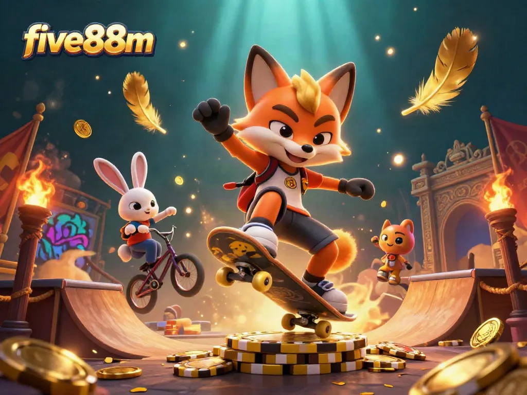 Experience high-speed thrills at five88m with a 3D cartoon fox and rabbit in an exciting casino scene.