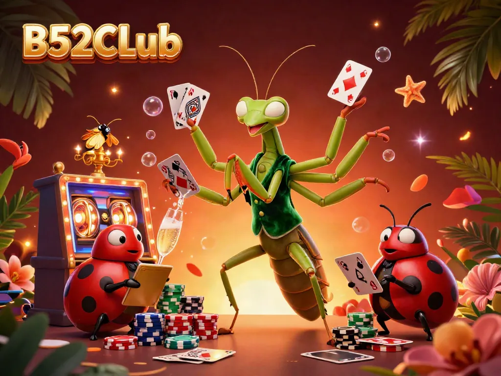 B52CLub vibrant casino scene with a giant mantis dealer, ladybug pit boss, and bountiful slot elements.