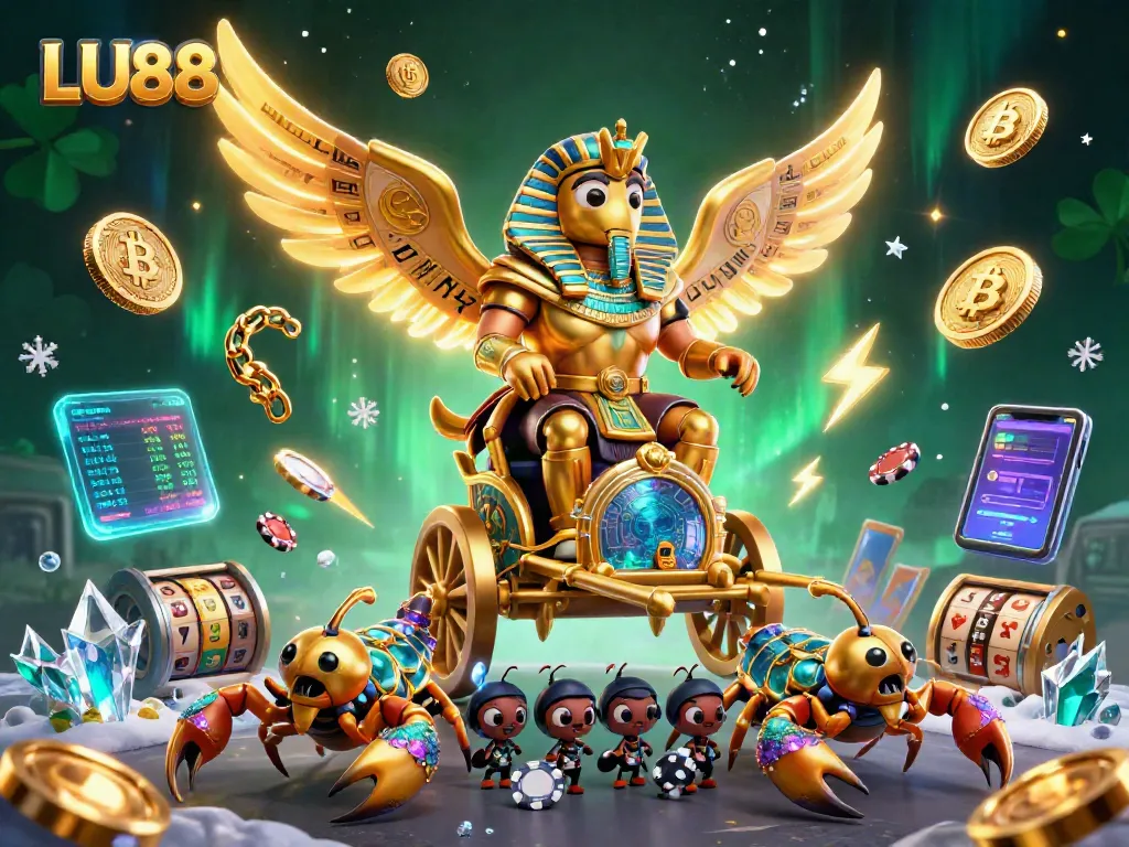 Engage with LU88's thrilling casino adventure featuring a colossal scarab and vibrant game elements.