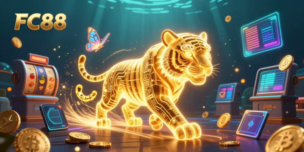 Experience the thrill of FC88 with a vibrant digital casino scene featuring a golden tiger and holographic butterflies.