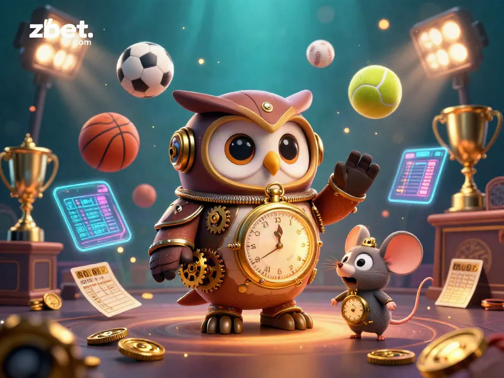Experience thrilling games with zbet. com in this vibrant 3D casino illustration showcasing a steampunk owl and dynamic sports elements.