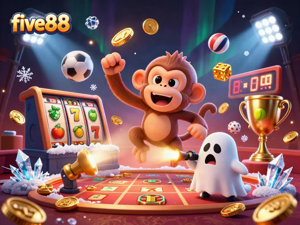 Entertain with five88's vibrant casino scene featuring an invisible monkey juggling golden elements.