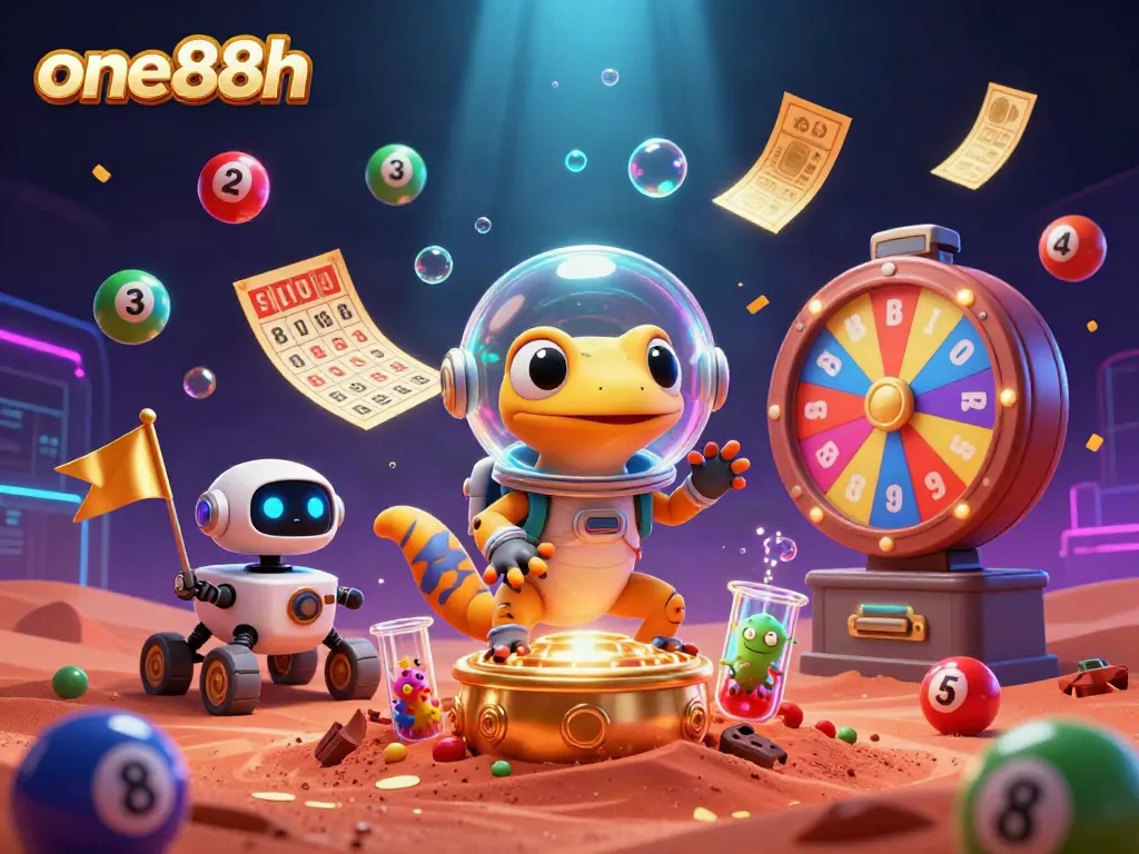 one88h celebrates wins with vibrant lottery balls and casino elements in a Martian setting