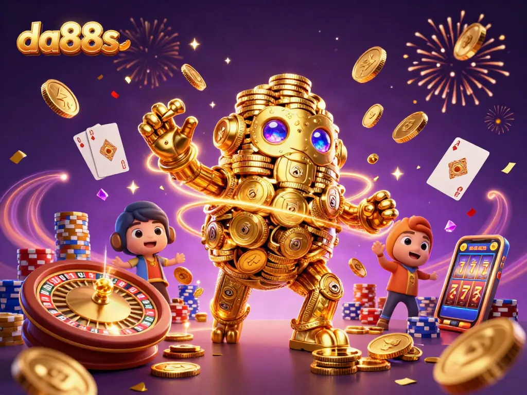 Engage with da88s in a dynamic casino scene featuring a golden golem, coins, and casino games.