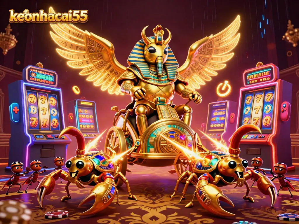 Engage with keonhacai55's exciting slot action featuring a golden scarab beetle and vibrant slot machines.