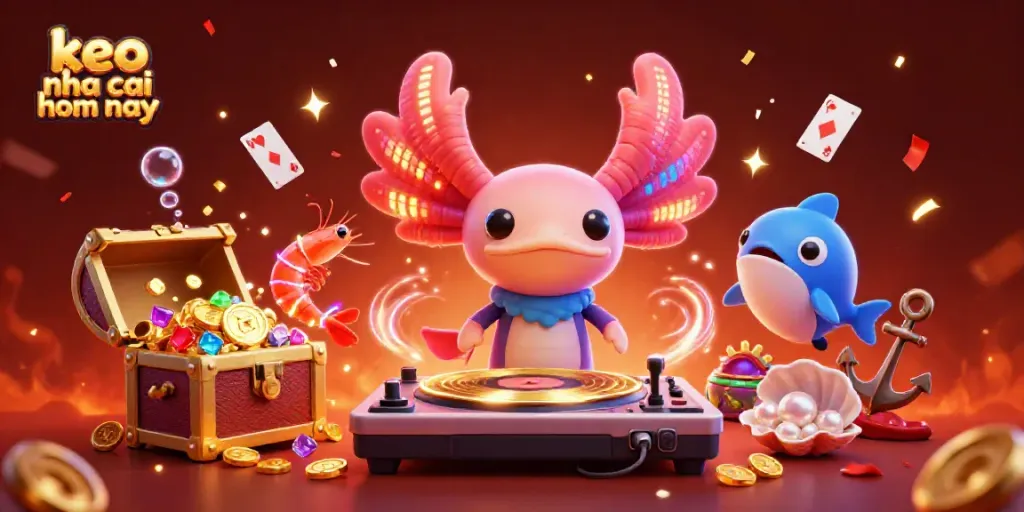 Engaging scene of keo nha cai hom nay with a vibrant axolotl DJ and dancing sea creatures, illustrating the excitement of online betting.