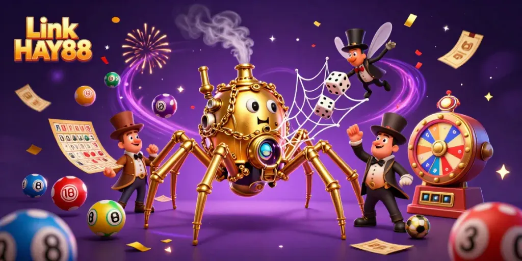Catch the excitement of Link HAY88 with a dynamic 3D scene featuring playful lottery elements.
