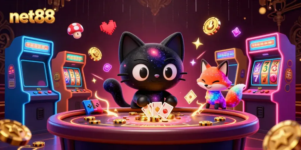 Experience thrilling gameplay with net88's colorful casino illustration featuring a cosmic gaming scene.