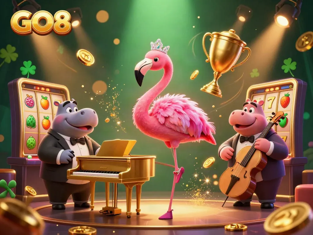 Experience the vibrant GO8 casino atmosphere with dynamic slots and rewards in this colorful illustration.