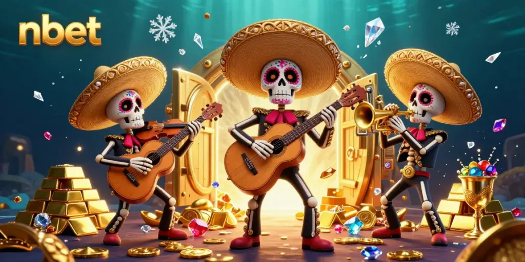 Experience the thrill of nbet with a vibrant mariachi band in a dazzling treasure-filled casino scene.