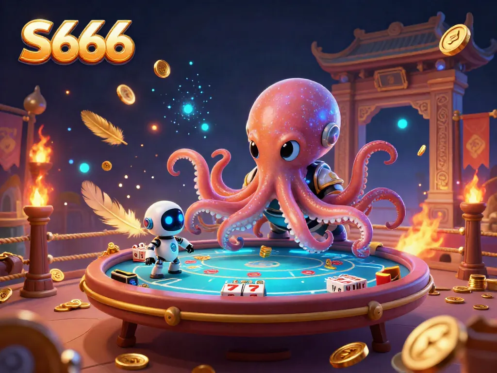 S666 engages players with exciting poker action depicted by a cosmic octopus illustrating a dynamic gambling scene.