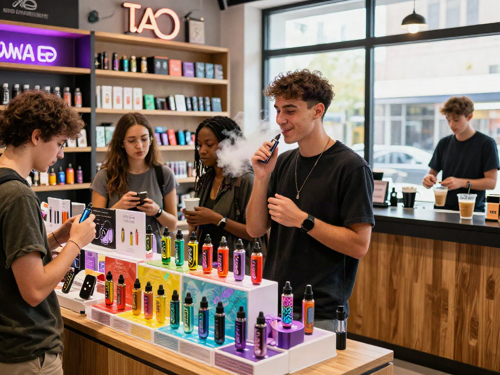 Social scene in a vibrant vape shop showcasing raz vape products and happy customers.