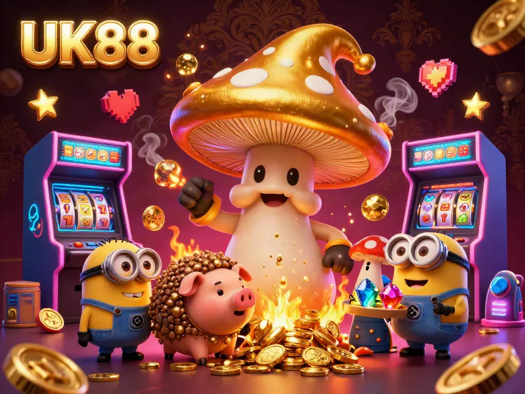 Bet big with UK88 in this vibrant 3D illustration showcasing a golden wizard and casino excitement.