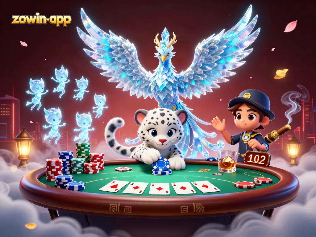 Experience thrilling gameplay at zowin-app with an ice phoenix, poker chip, and vibrant casino elements.