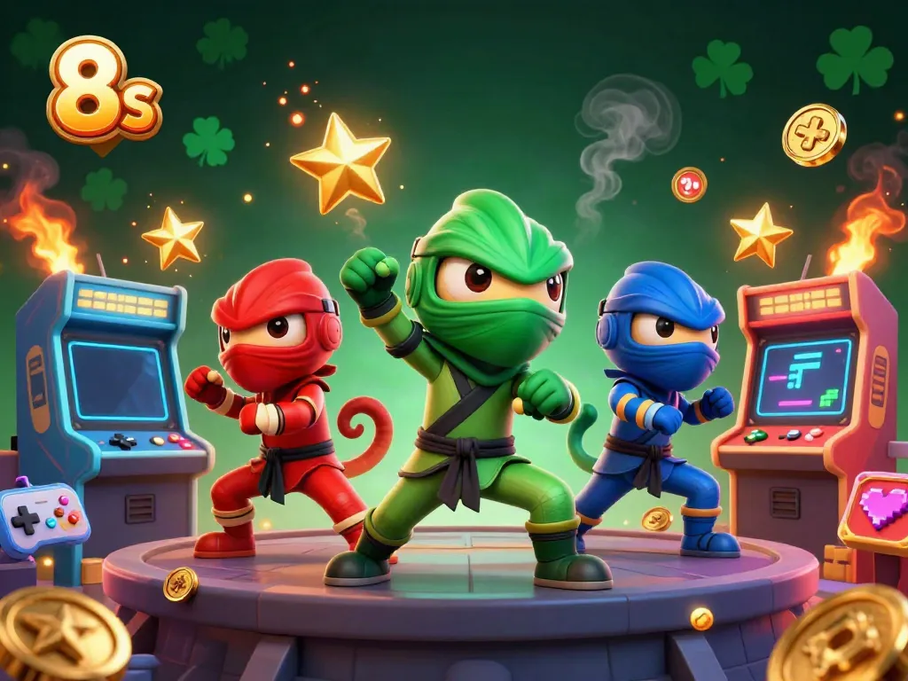 Engaging 3D illustration of colorful ninja chameleons showcasing martial arts around 8s gaming elements, perfect for casino imagery.