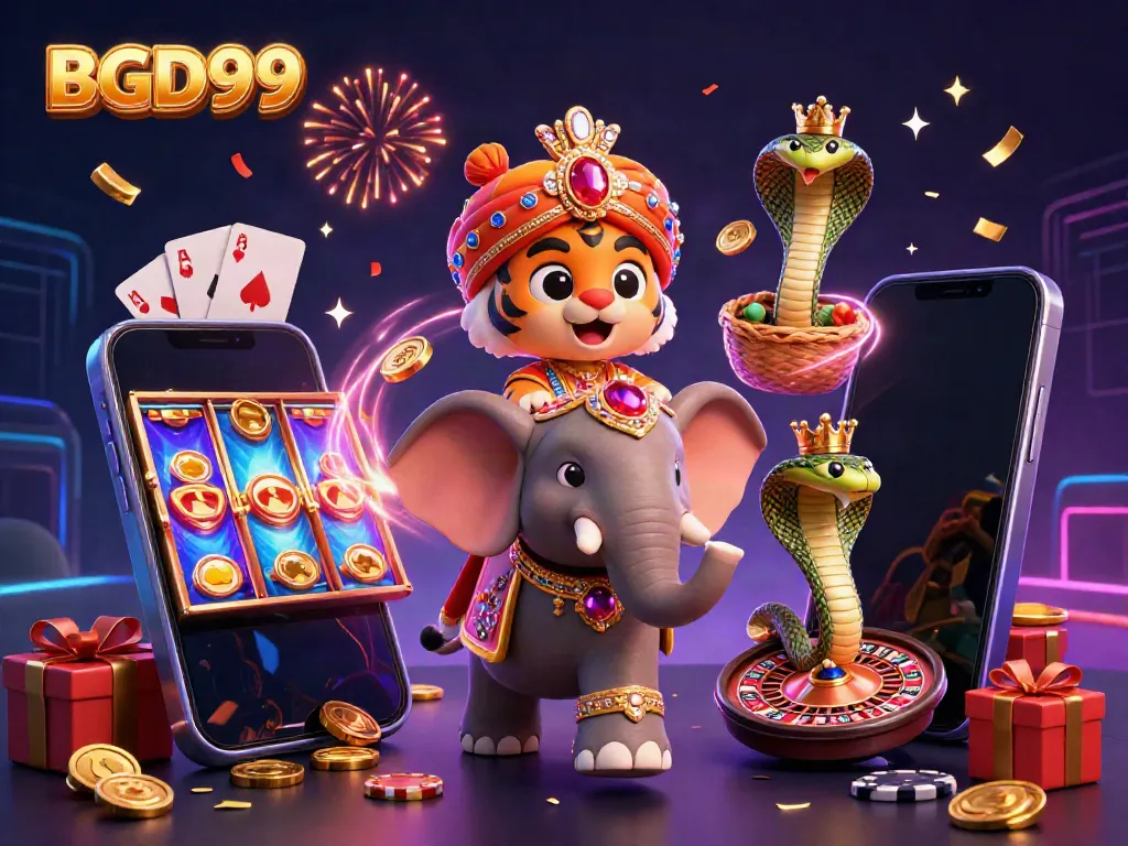 Experience thrilling gameplay with BGD99 in this vibrant 3D casino scene featuring a majestic maharaja tiger and a jewel-encrusted elephant.