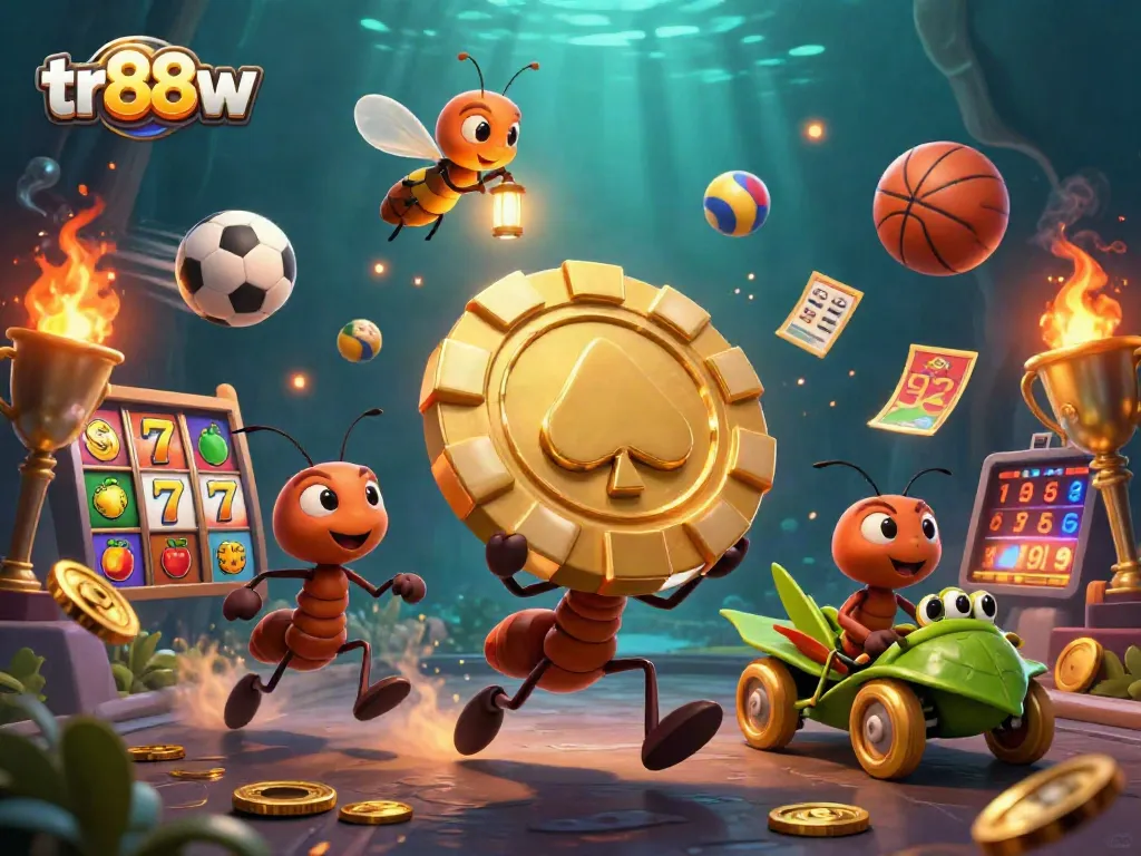 tr88w showcases a casino heist scene with ants, poker chip, and dynamic slot elements.