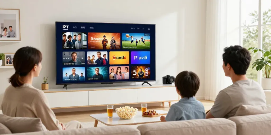 Family enjoying IPTV subscription services in a cozy living room.