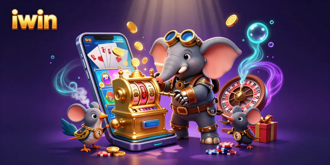 Experience the thrill of iwin with a steampunk slot machine contraption surrounded by colorful gaming elements.