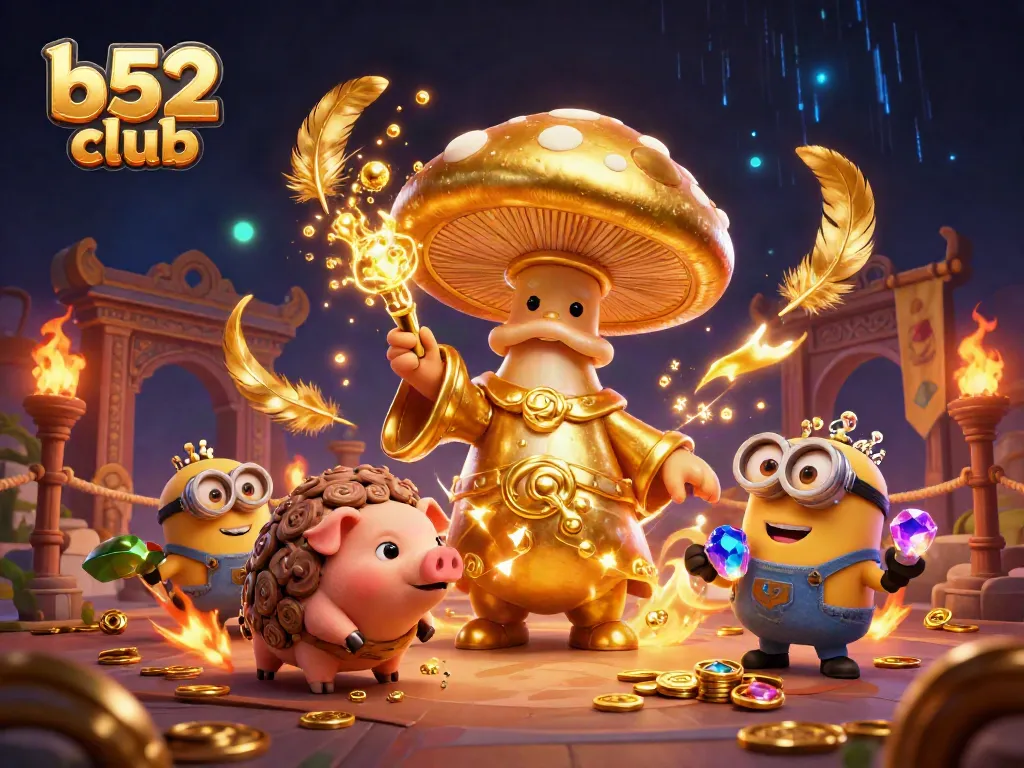 Experience thrilling adventures at b52 club with an enchanting 3D illustration of a golden wizard, pig, and gem-carrying minions.