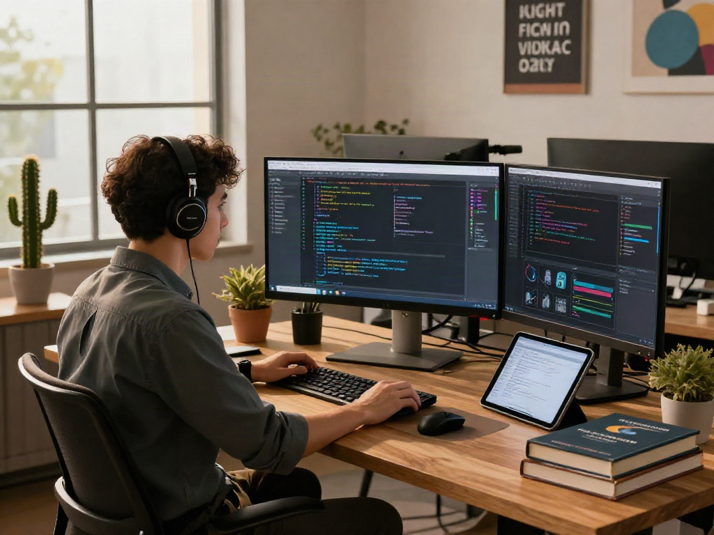 Professional software engineer focusing on AI 18+ coding in a modern workspace.