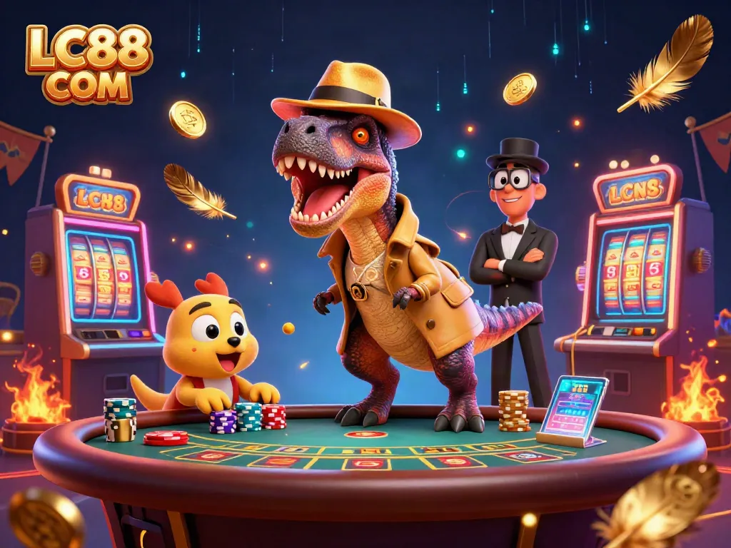 Experience thrilling games at LC88 COM with cartoon velociraptor card counter and stegosaurus pit boss surrounded by slot machines.