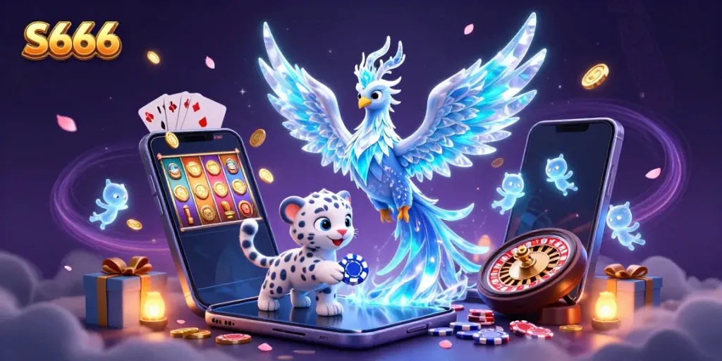 Join S666 for immersive gaming with an ice phoenix, glowing sprites, and vibrant casino elements.